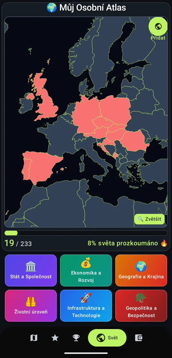 Slepá mapa s navštívenými státy: 19 z 233 zemí, 8 % světa