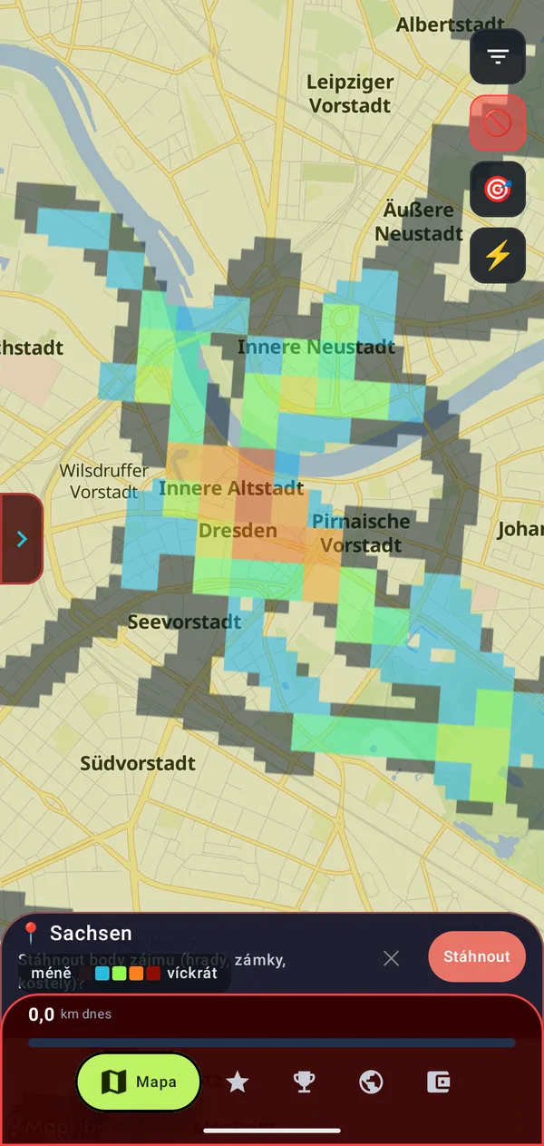 Teplotní mapa Drážďan od modré po červenou