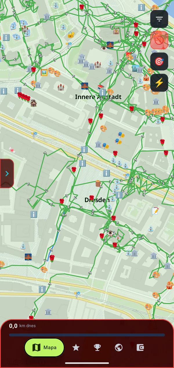 Mapa Drážďan s pěšími trasami a ikonkami objevených míst