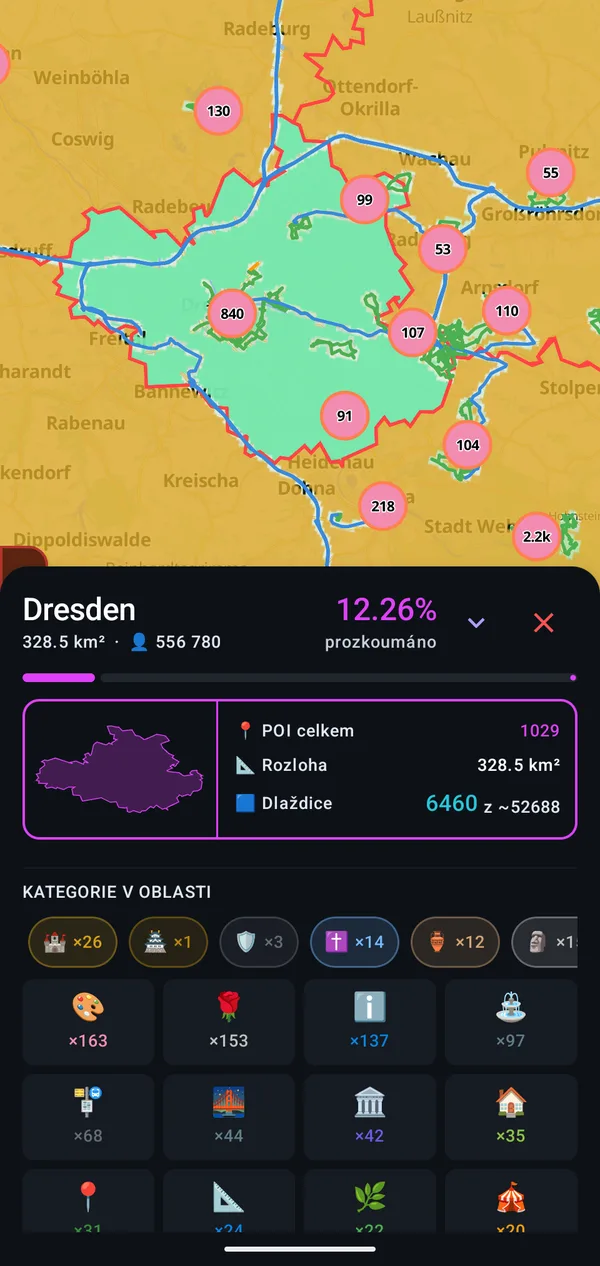 Drážďany: 12,26 % prozkoumáno, 1029 míst, 6460 dlaždic